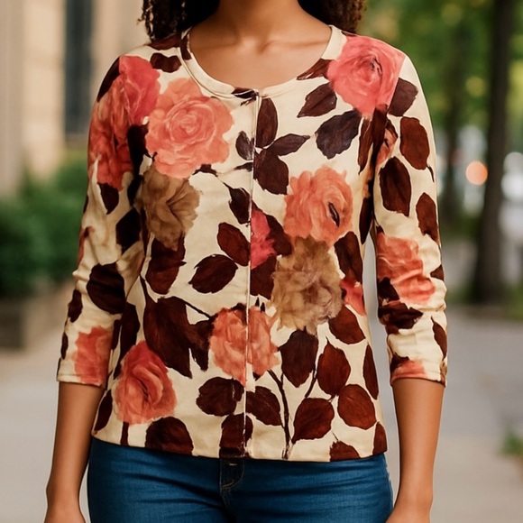 Talbots Sweaters - Talbots Flower Floral Print Button-down Silk-Blend Cardigan Sweater, Size S